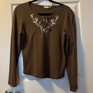 Women’s Embroidered Long-Sleeve Shirt Vintage Boho Khaki Brown Medium Nevada